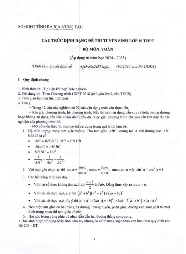 Đề minh họa tuyển sinh lớp 10 môn Toán năm 2025 – 2026 sở GD&ĐT Bà Rịa – Vũng Tàu