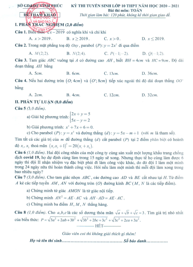 Đề minh họa vào lớp 10 môn Toán năm 2020 – 2021 sở GD&ĐT Vĩnh Phúc