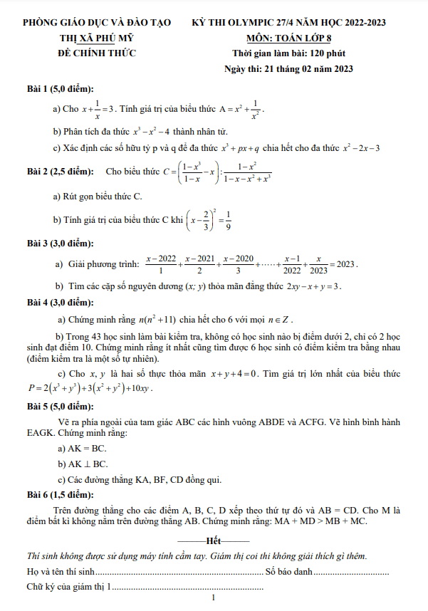 Đề Olympic 27/4 Toán 8 năm 2022 – 2023 phòng GD&ĐT Phú Mỹ – BR VT