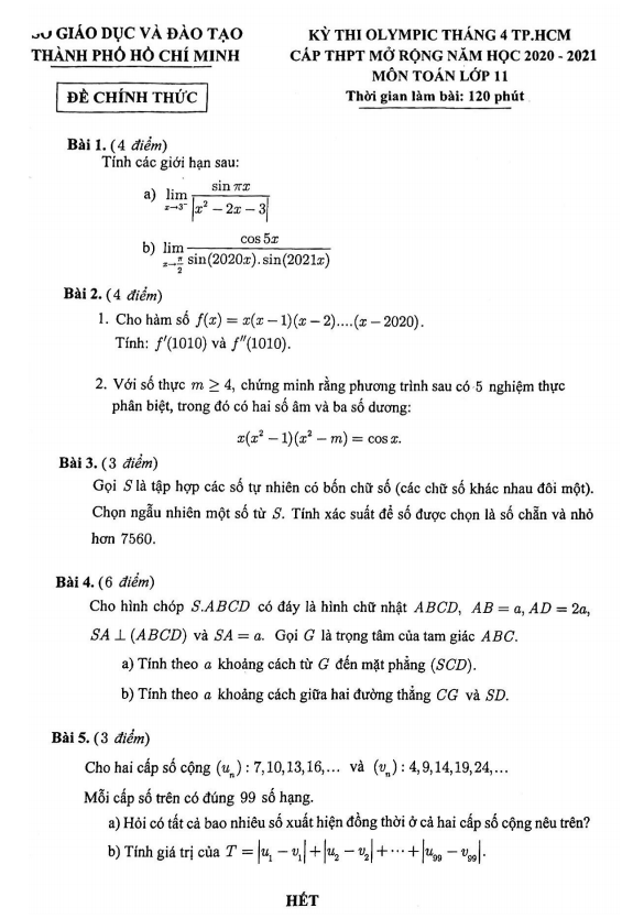 Đề Olympic tháng 4 Toán 11 năm 2020 – 2021 sở GD&ĐT TP Hồ Chí Minh