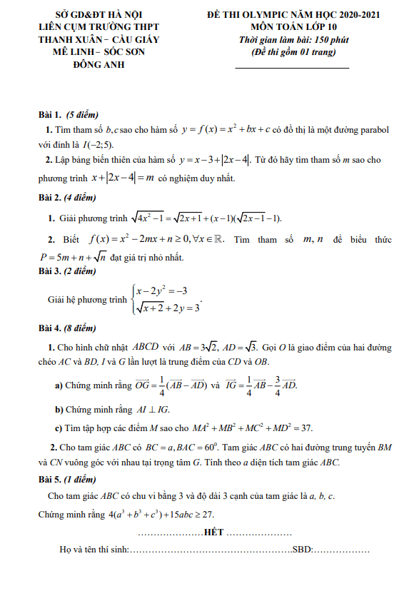 Đề Olympic Toán 10 năm 2020 – 2021 liên cụm trường THPT – Hà Nội