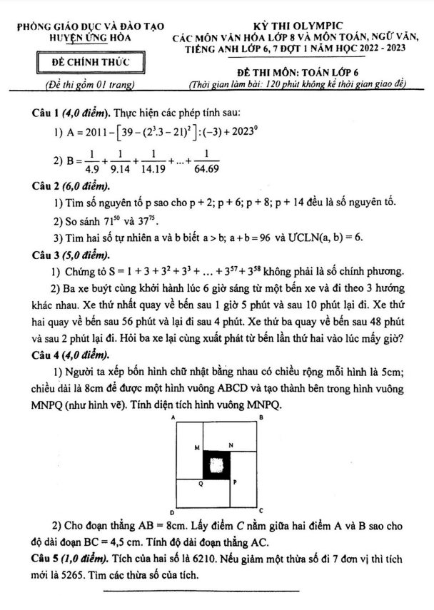 Đề Olympic Toán 6 đợt 1 năm 2022 – 2023 phòng GD&ĐT Ứng Hòa – Hà Nội