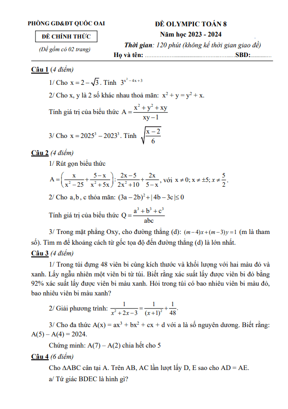 Đề Olympic Toán 8 năm 2023 – 2024 phòng GD&ĐT Quốc Oai – Hà Nội