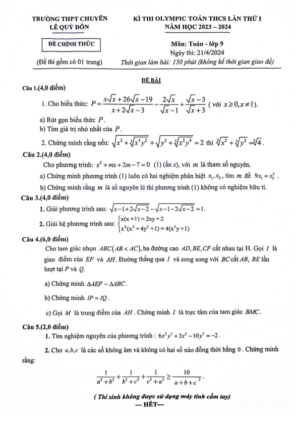 Đề Olympic Toán 9 lần 1 năm 2023 – 2024 trường THPT chuyên Lê Quý Đôn – Điện Biên