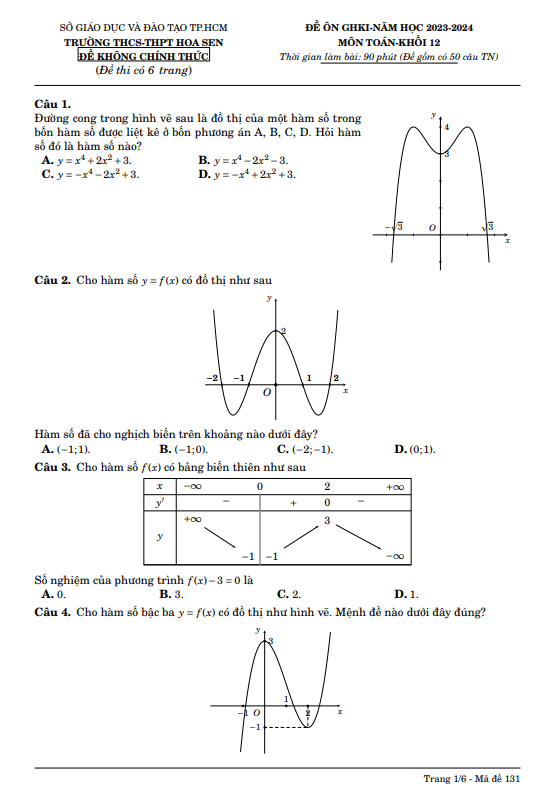 Đề ôn GHKI Toán 12 năm 2023 – 2024 trường THCS – THPT Hoa Sen – TP HCM