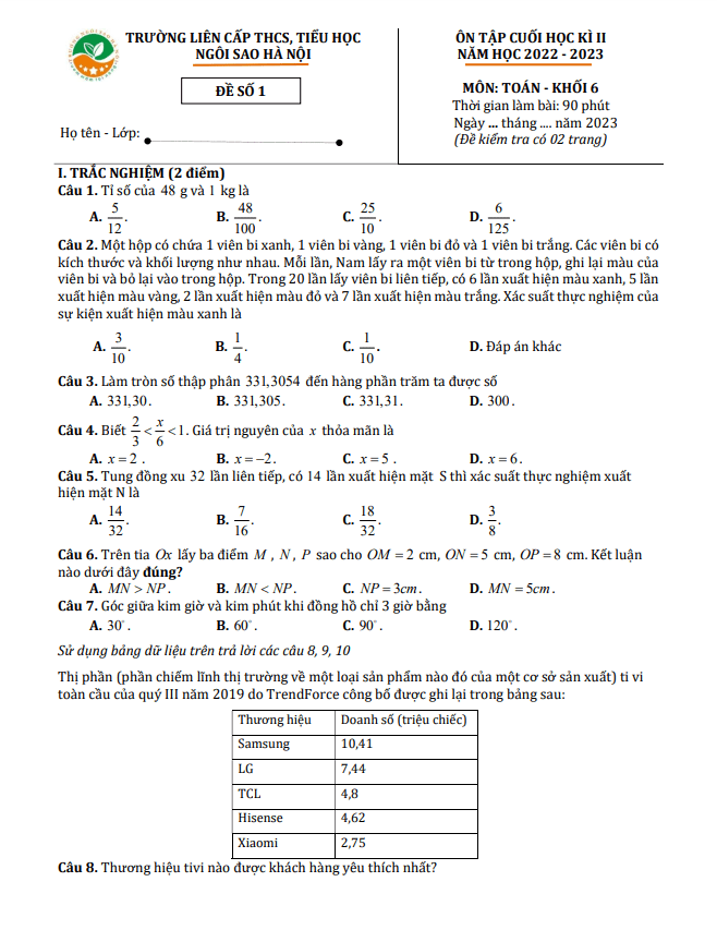 Đề ôn tập cuối kì 2 Toán 6 năm 2022 – 2023 trường TH & THCS Ngôi Sao Hà Nội