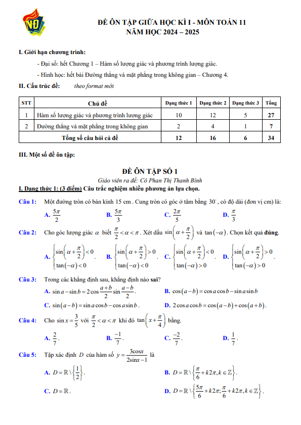 Đề ôn tập giữa học kì 1 Toán 11 năm 2024 – 2025 trường THPT Việt Đức – Hà Nội