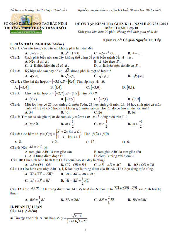 Đề ôn tập giữa kì 1 Toán 10 năm 2021 – 2022 trường Thuận Thành 1 – Bắc Ninh