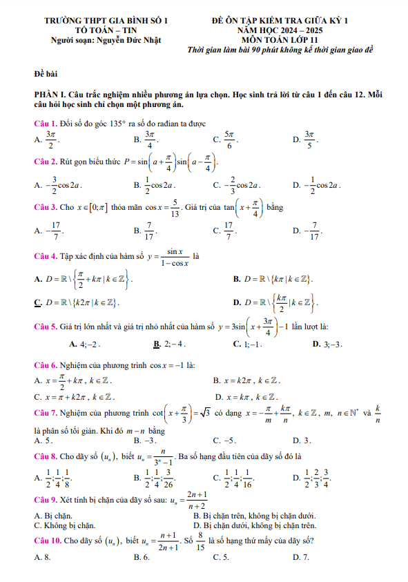 Đề ôn tập giữa kỳ 1 Toán 11 năm 2024 – 2025 trường THPT Gia Bình 1 – Bắc Ninh