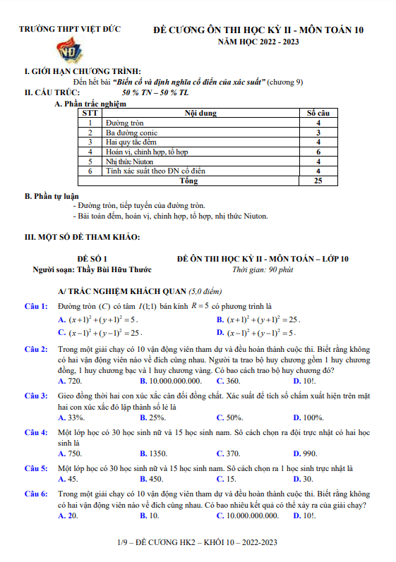 Đề ôn tập học kì 2 Toán 10 năm 2022 – 2023 trường THPT Việt Đức – Hà Nội