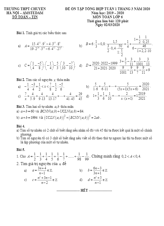 Đề ôn tập Toán 6 tháng 03 năm 2020 trường THPT chuyên Hà Nội – Amsterdam