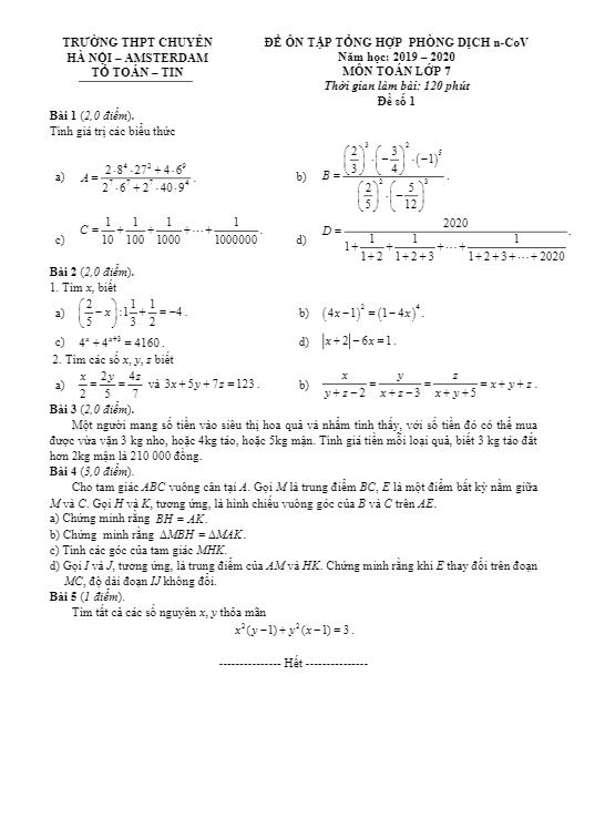 Đề ôn tập Toán 7 tháng 02/2020 trường THPT chuyên Hà Nội – Amsterdam