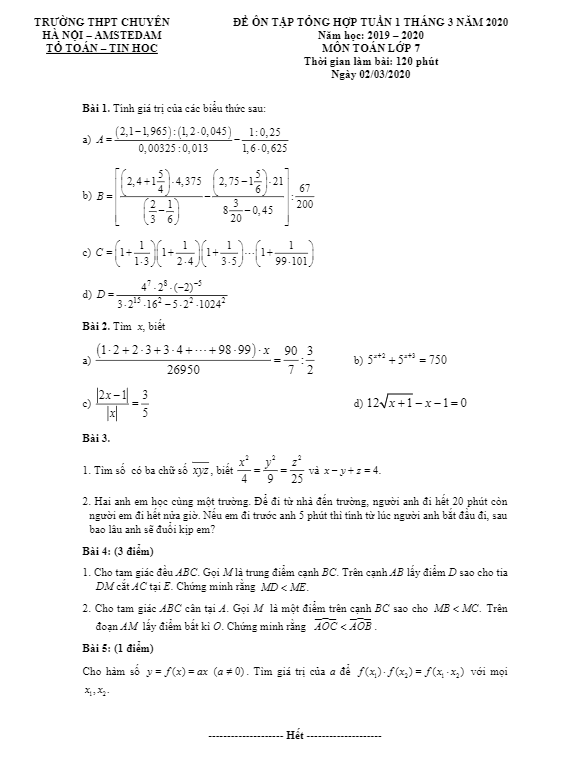 Đề ôn tập Toán 7 tháng 03 năm 2020 trường THPT chuyên Hà Nội – Amsterdam