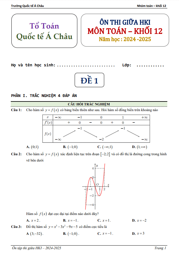 Đề ôn thi giữa HK1 Toán 12 năm 2024 – 2025 trường Quốc tế Á Châu – TP HCM