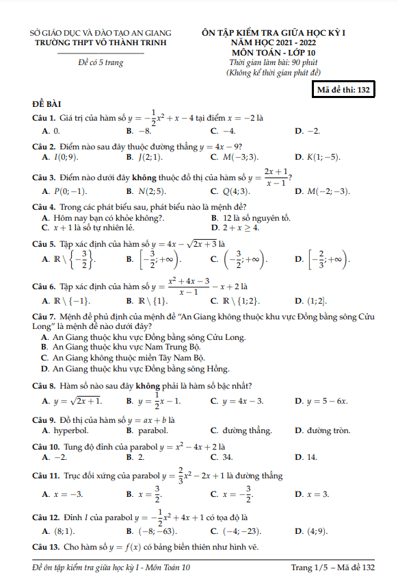 Đề ôn thi giữa kỳ 1 Toán 10 năm 2021 – 2022 trường THPT Võ Thành Trinh – An Giang