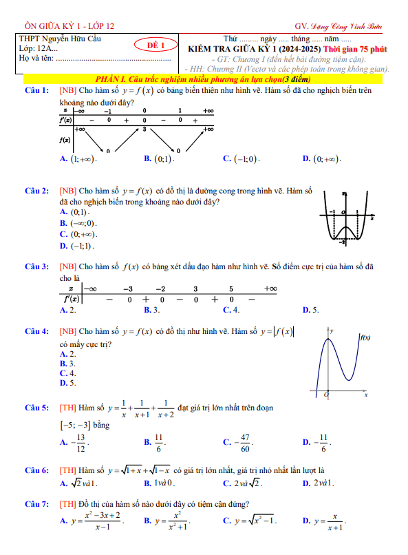 Đề ôn thi giữa kỳ 1 Toán 12 năm 2024 – 2025 trường THPT Nguyễn Hữu Cầu – TP HCM