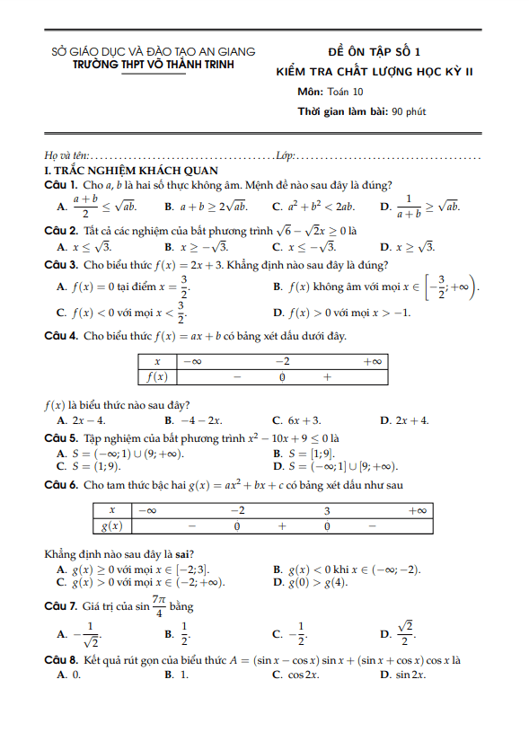 Đề ôn thi học kỳ 2 Toán 10 năm 2021 – 2022 trường THPT Võ Thành Trinh – An Giang