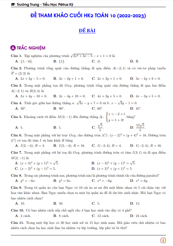 Đề tham khảo cuối HK2 Toán 10 năm 2022 – 2023 trường Pétrus Ký – Bình Dương