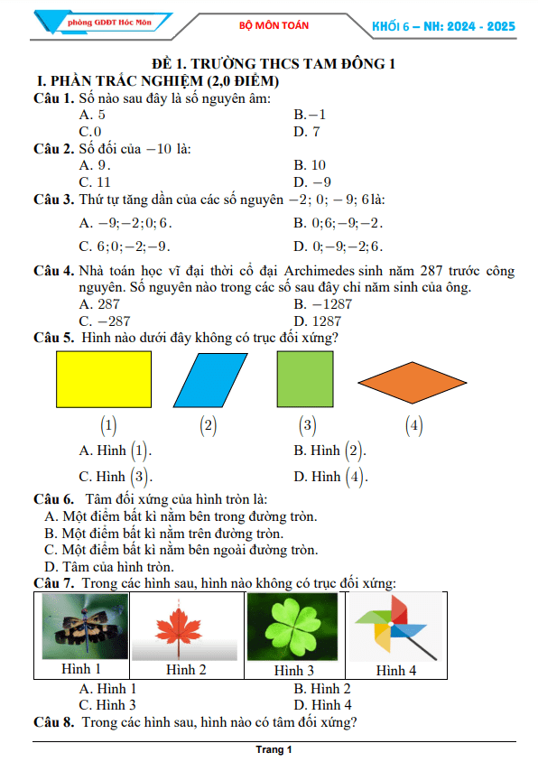 Đề tham khảo cuối kì 1 Toán 6 năm 2024 – 2025 phòng GD&ĐT Hóc Môn – TP HCM