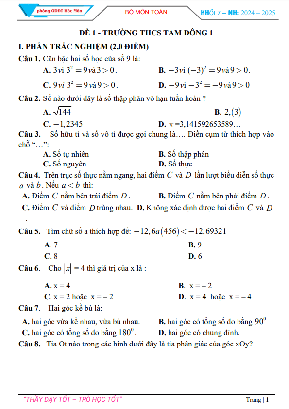 Đề tham khảo cuối kì 1 Toán 7 năm 2024 – 2025 phòng GD&ĐT Hóc Môn – TP HCM