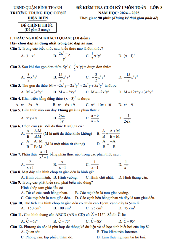 Đề tham khảo cuối kì 1 Toán 8 năm 2024 – 2025 phòng GD&ĐT Bình Thạnh – TP HCM