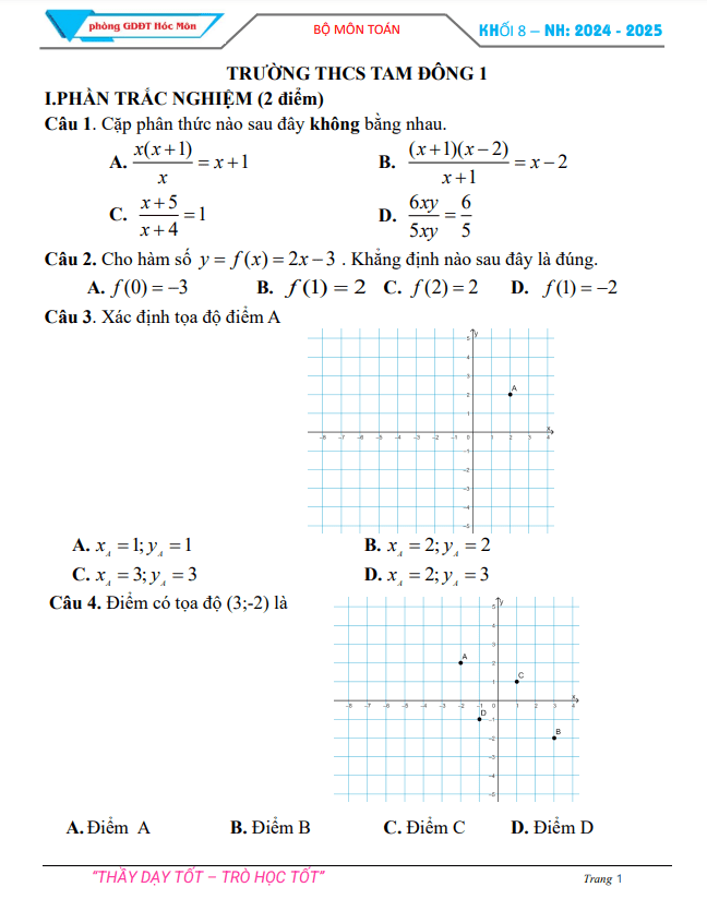 Đề tham khảo cuối kì 1 Toán 8 năm 2024 – 2025 phòng GD&ĐT Hóc Môn – TP HCM