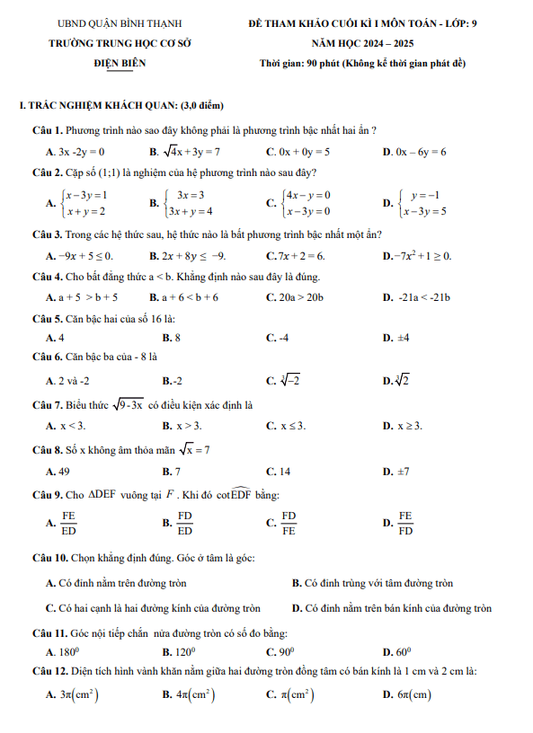 Đề tham khảo cuối kì 1 Toán 9 năm 2024 – 2025 phòng GD&ĐT Bình Thạnh – TP HCM
