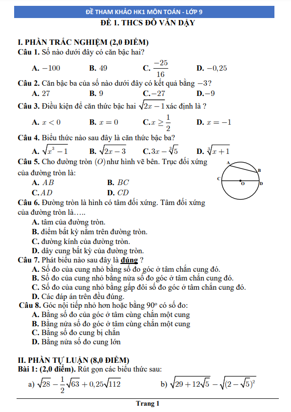 Đề tham khảo cuối kì 1 Toán 9 năm 2024 – 2025 phòng GD&ĐT Hóc Môn – TP HCM