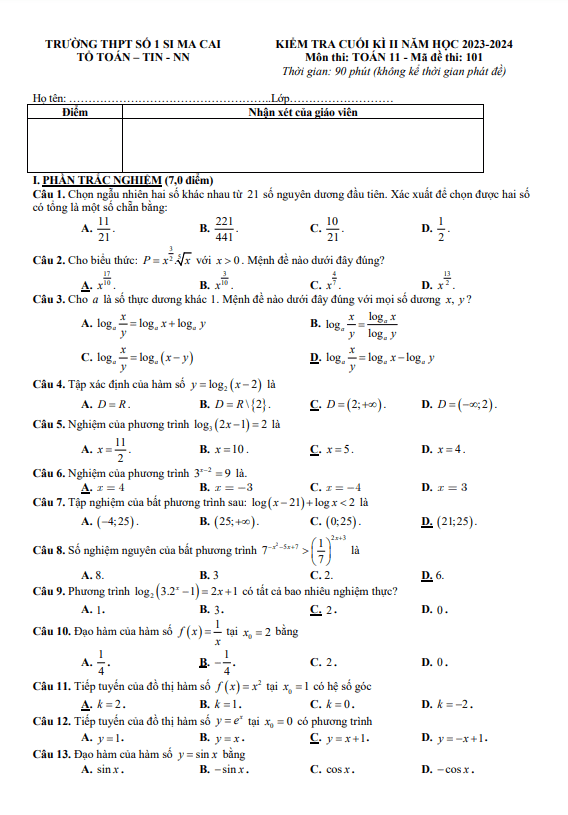 Đề tham khảo cuối kì 2 Toán 11 CD năm 2023 – 2024 trường THPT Si Ma Cai 1 – Lào Cai