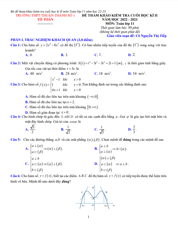 Đề tham khảo cuối kì 2 Toán 11 năm 2022 – 2023 THPT Thuận Thành 1 – Bắc Ninh