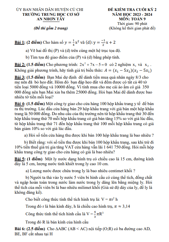 Đề tham khảo cuối kì 2 Toán 9 năm 2023 – 2024 phòng GD&ĐT Củ Chi – TP HCM