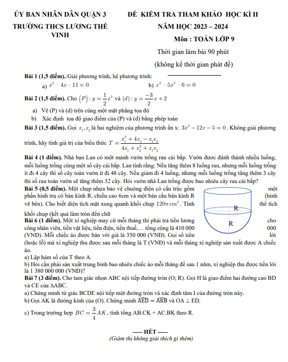 Đề tham khảo cuối kì 2 Toán 9 năm 2023 – 2024 phòng GD&ĐT Quận 3 – TP HCM