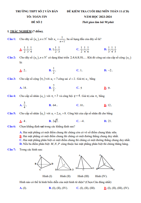Đề tham khảo cuối kỳ 1 Toán 11 CD năm 2023 – 2024 trường THPT Văn Bàn 2 – Lào Cai