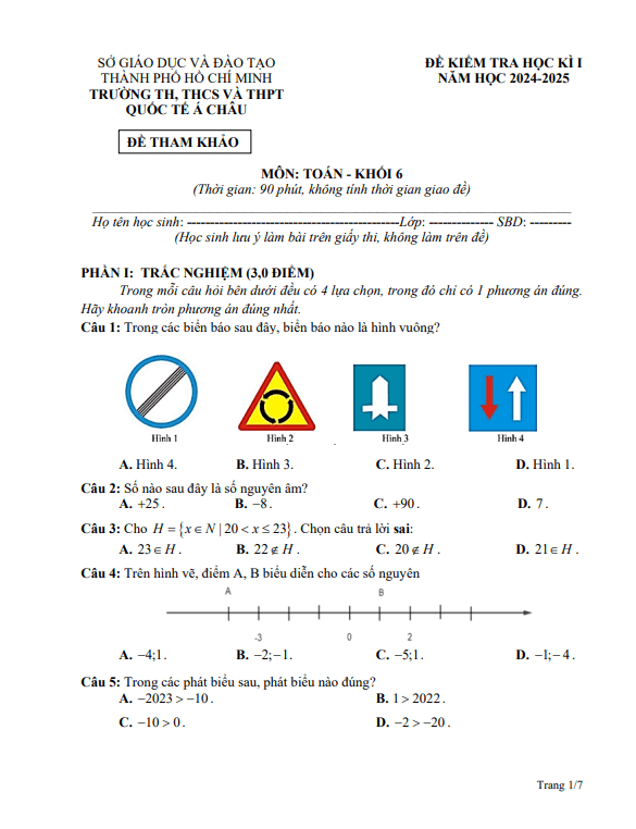 Đề tham khảo cuối kỳ 1 Toán 6 năm 2024 – 2025 phòng GD&ĐT Quận 3 – TP HCM