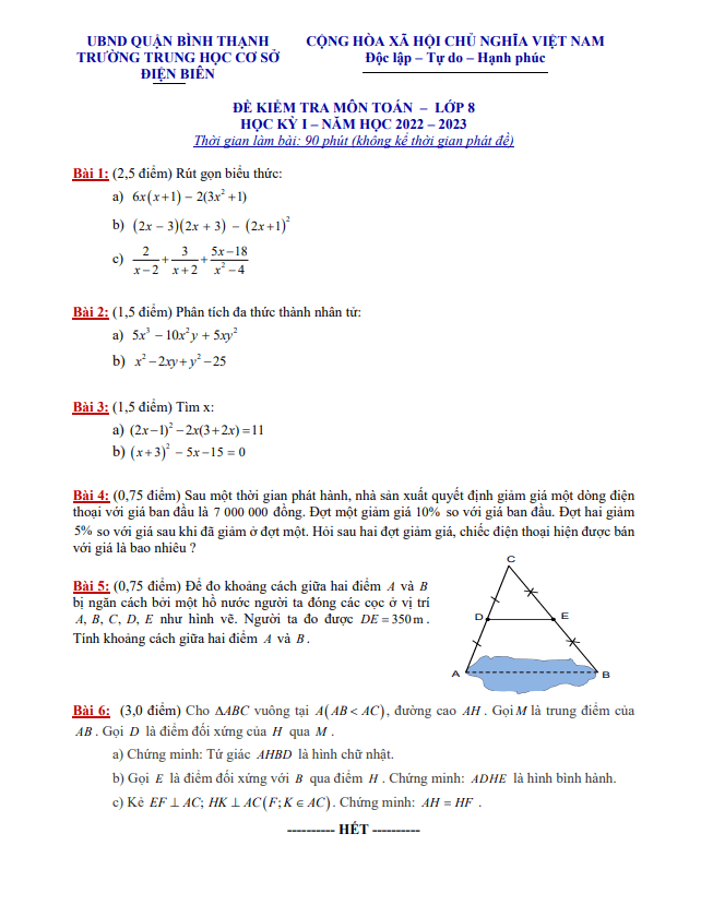 Đề tham khảo cuối kỳ 1 Toán 8 năm 2022 – 2023 trường THCS Điện Biên – TP HCM