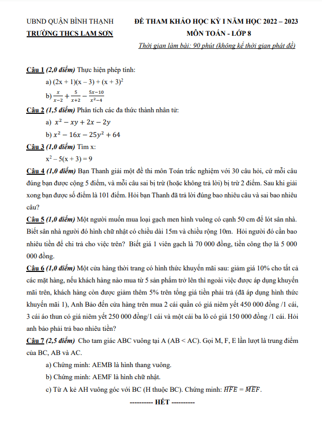 Đề tham khảo cuối kỳ 1 Toán 8 năm 2022 – 2023 trường THCS Lam Sơn – TP HCM
