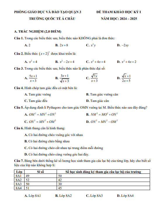 Đề tham khảo cuối kỳ 1 Toán 8 năm 2024 – 2025 phòng GD&ĐT Quận 3 – TP HCM
