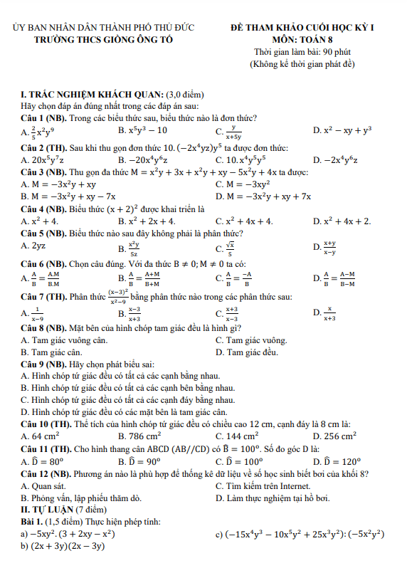 Đề tham khảo cuối kỳ 1 Toán 8 năm 2024 – 2025 phòng GD&ĐT Thủ Đức – TP HCM