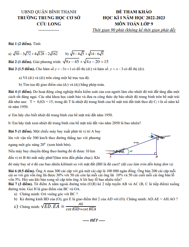Đề tham khảo cuối kỳ 1 Toán 9 năm 2022 – 2023 trường THCS Cửu Long – TP HCM