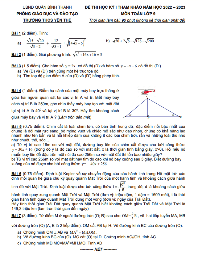 Đề tham khảo cuối kỳ 1 Toán 9 năm 2022 – 2023 trường THCS Yên Thế – TP HCM