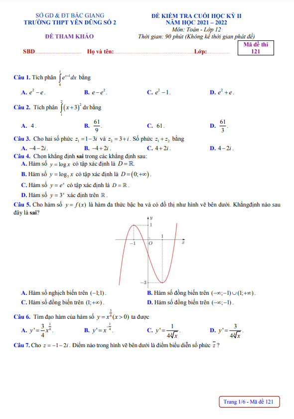 Đề tham khảo cuối kỳ 2 Toán 12 năm 2021 – 2022 trường Yên Dũng 2 – Bắc Giang
