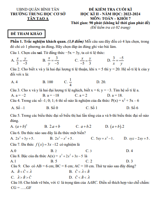 Đề tham khảo cuối kỳ 2 Toán 7 năm 2023 – 2024 phòng GD&ĐT Bình Tân – TP HCM