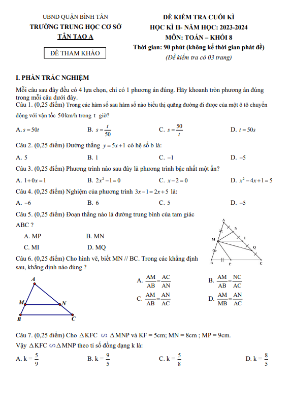 Đề tham khảo cuối kỳ 2 Toán 8 năm 2023 – 2024 phòng GD&ĐT Bình Tân – TP HCM