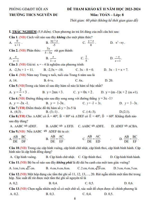 Đề tham khảo cuối kỳ 2 Toán 8 năm 2023 – 2024 trường Nguyễn Du – Quảng Nam