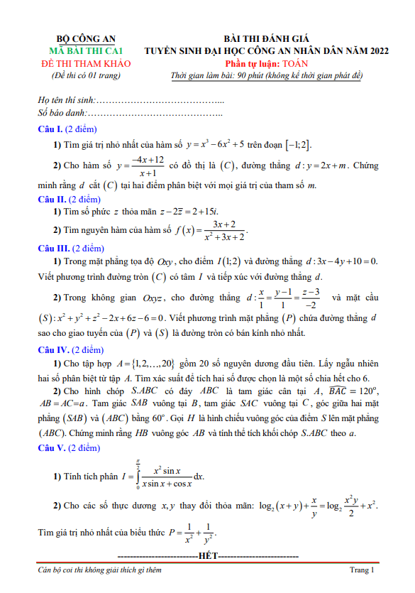 Đề tham khảo đánh giá tuyển sinh Đại học Công An Nhân Dân năm 2022 môn Toán
