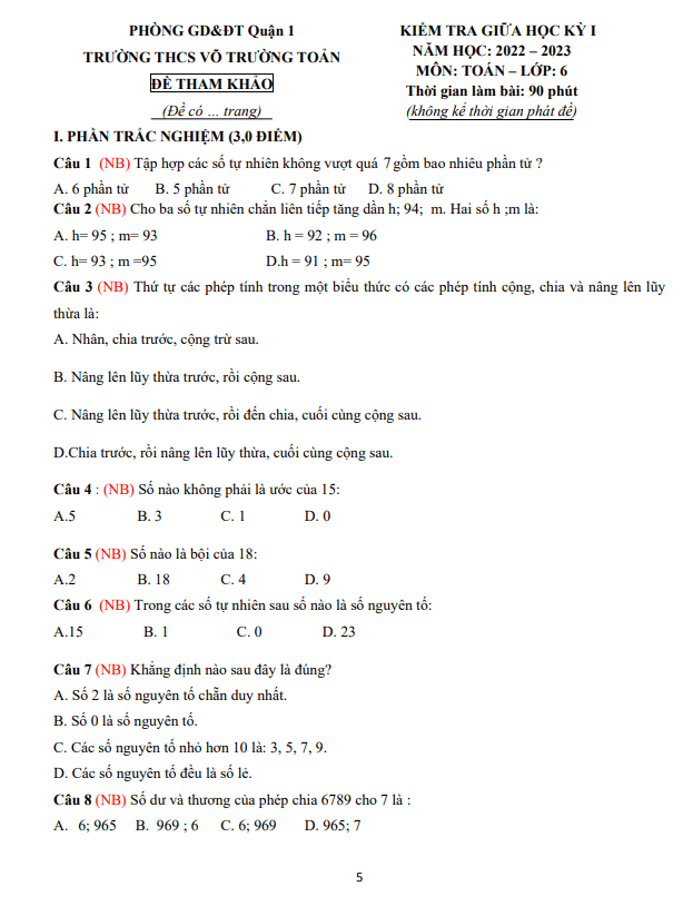 Đề tham khảo giữa học kỳ 1 Toán 6 năm 2022 – 2023 THCS Võ Trường Toản – TP HCM