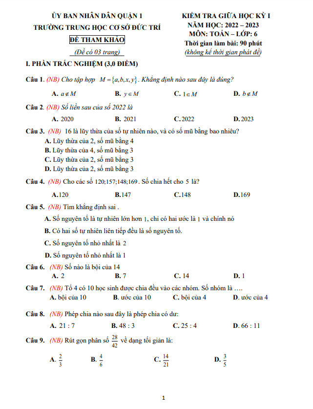Đề tham khảo giữa học kỳ 1 Toán 6 năm 2022 – 2023 trường THCS Đức Trí – TP HCM