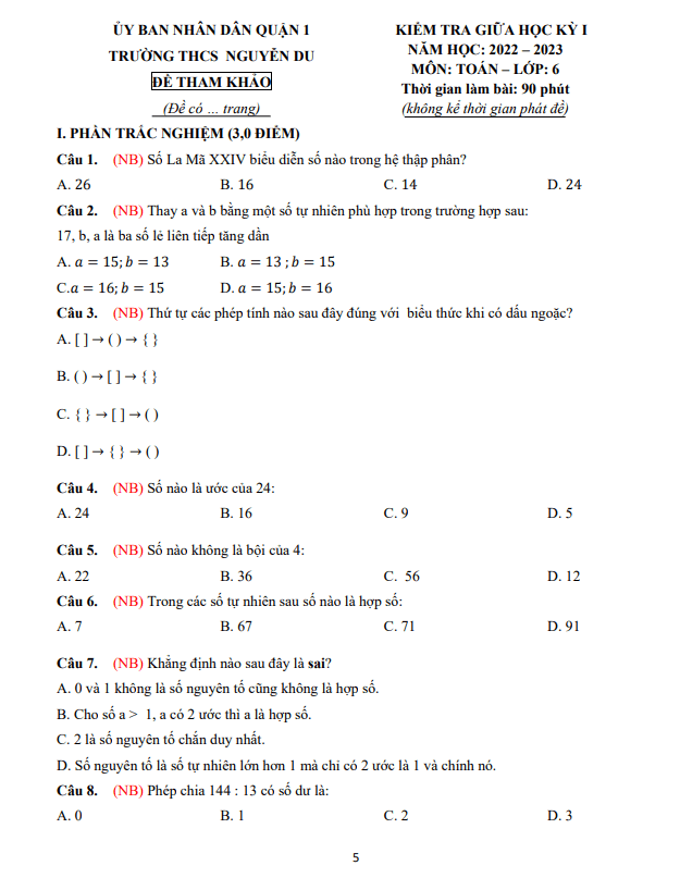 Đề tham khảo giữa học kỳ 1 Toán 6 năm 2022 – 2023 trường THCS Nguyễn Du – TP HCM
