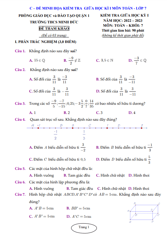 Đề tham khảo giữa học kỳ 1 Toán 7 năm 2022 – 2023 trường THCS Minh Đức – TP HCM