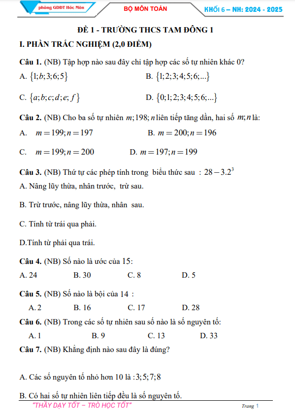 Đề tham khảo giữa kì 1 Toán 6 năm 2024 – 2025 phòng GD&ĐT Hóc Môn – TP HCM